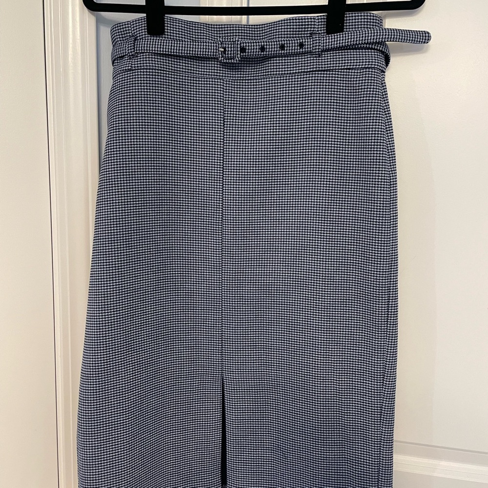 Ann Taylor Blue Check Midi Pencil Skirt with Slit and belt